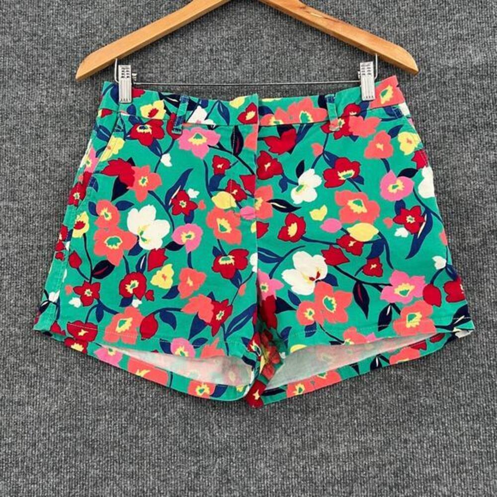 Elle Shorts Womens 10 Turquoise Floral Flat Front Chino Mid Rise Preppy Stretch